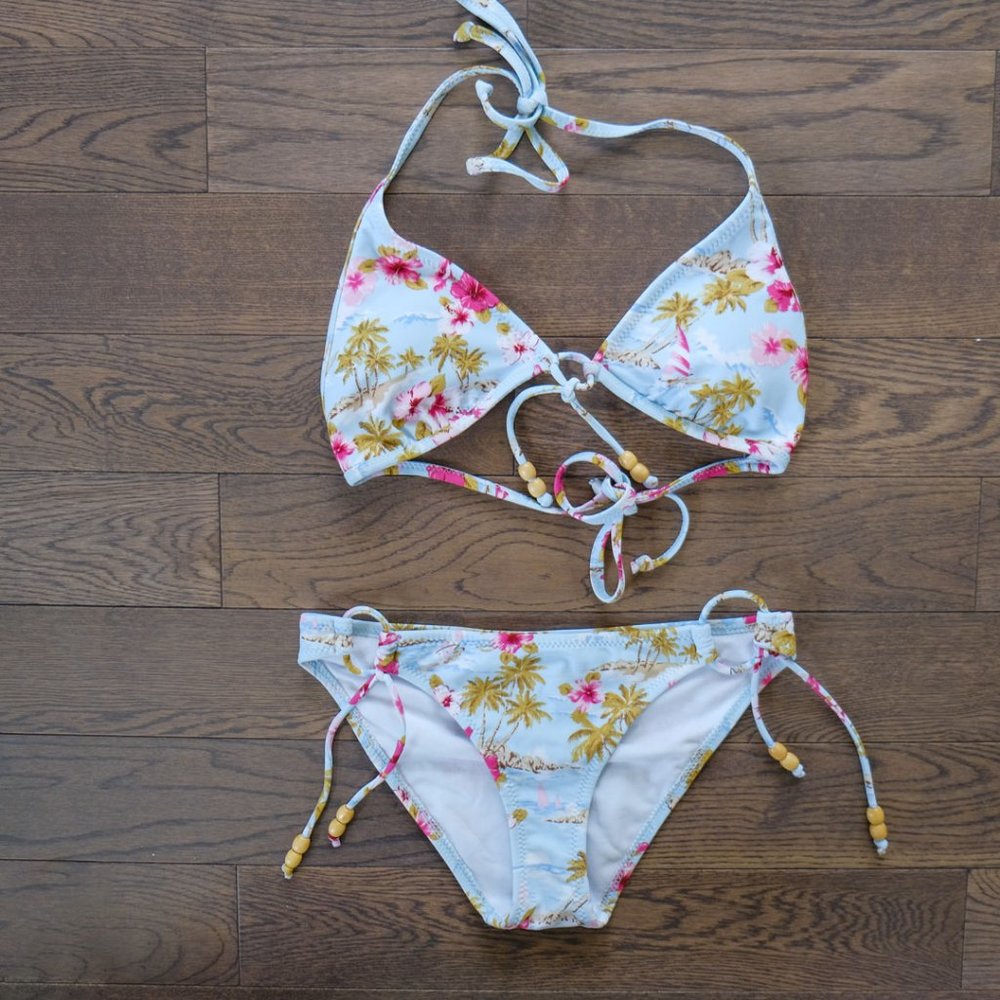 Aeropostale Blue Hibiscus Flower Palm Tree Bikini